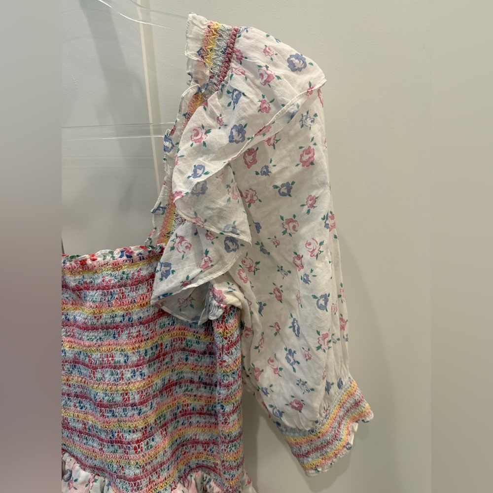 LoveShackFancy Multicolor Smocked Floral Asymmetrical Ruffle Mini Dress - Picture 9 of 9